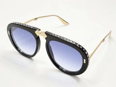 Gucci GG0307S Foldable Aviator Sunglasses Black Metal Crystal Blue 56mm