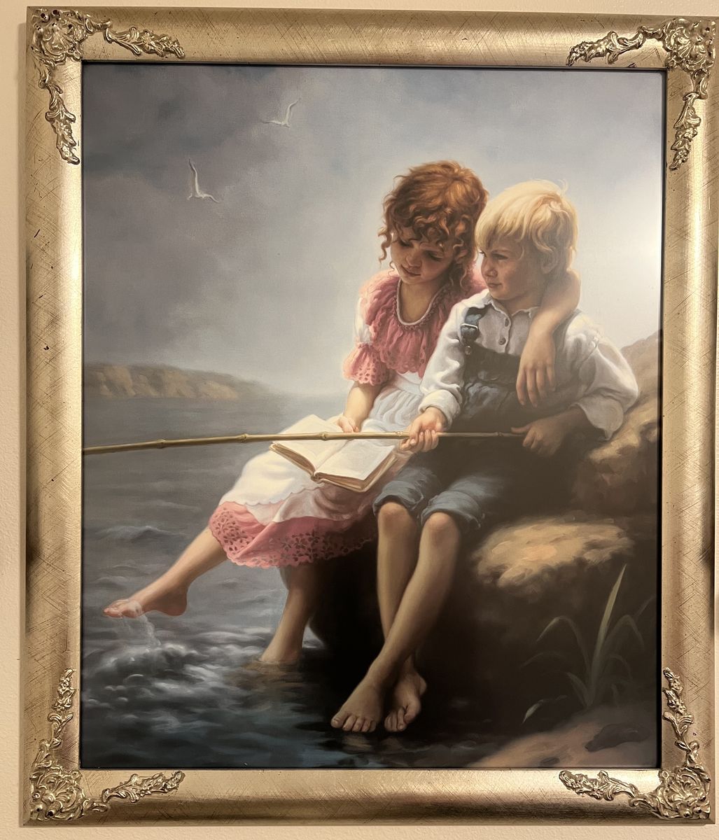 Children by the Sea a fine art print by Mark Arian in an antique frame with glass H 27 1/2" X 23 W.