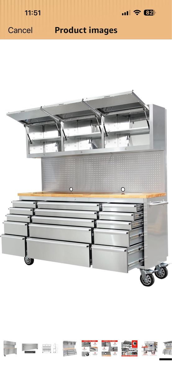 72-inch Stainless Tool Chest Cabinet Rolling Garage Workbench with 15 Storage Drawers and Wheels, 3 Upper Cabinet, Pegboar
