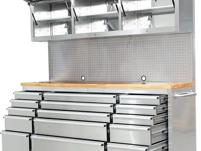 72-inch Stainless Tool Chest Cabinet Rolling Garage Workbench with 15 Storage Drawers and Wheels, 3 Upper Cabinet, Pegboar
