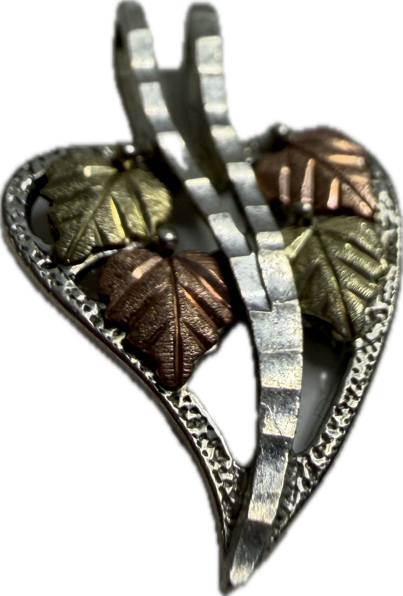Black Hills Gold Heart Pendant Sterling Silver Yellow & Rose Gold Leaves