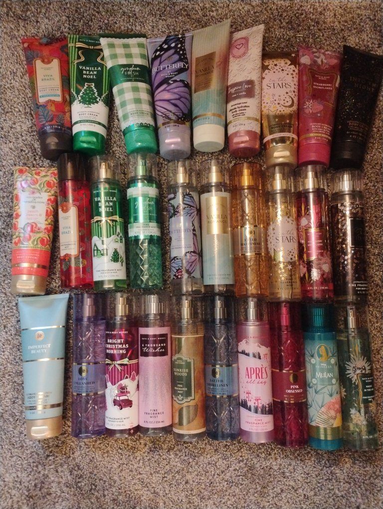 FUNDRAISER-Bath & Body Works Large Lot: 11 Body Creams/Lotions & 18 Fine Fragrance Mists (Mixed Scents)