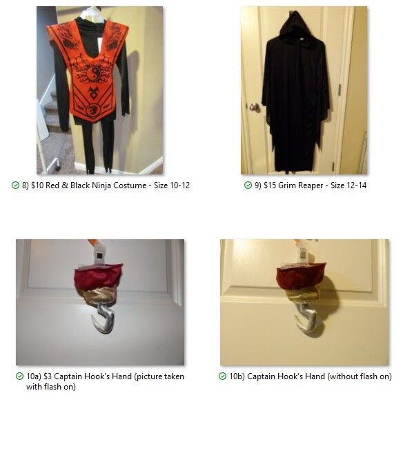 Boy Halloween Costumes ~Peter Pan/Captain Hook Hand~Black/Red Ninja Size 10-12~Grim Reaper (hooded all black costume) Size 12-14