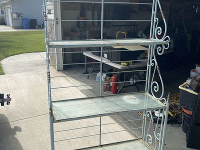 Vintage Wrought Iron Baker's Rack with Glass Shelves - Light Blue/Green Finish