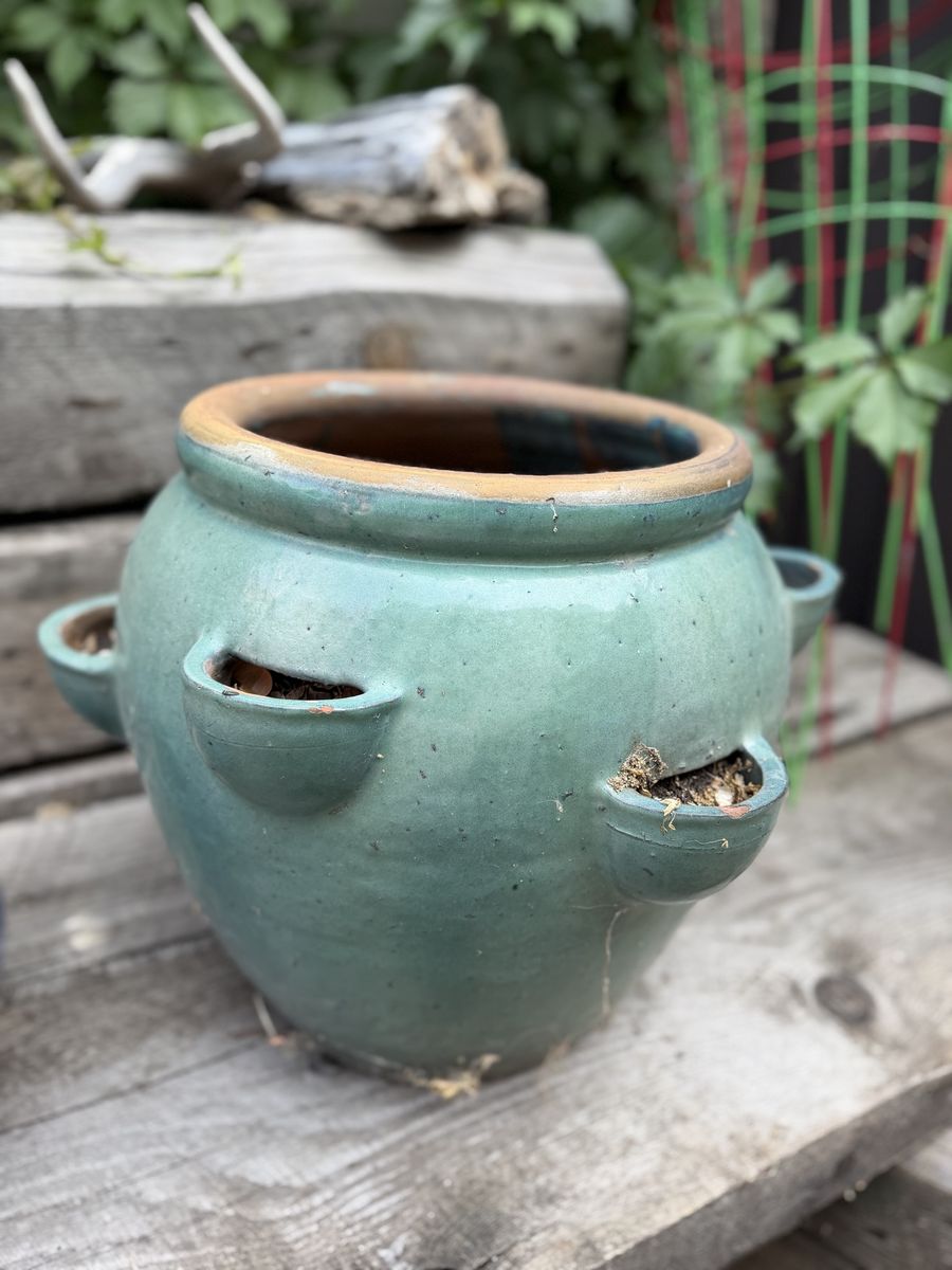 Ceramic Strawberry Planter Pot, Teal Green Glaze, Multi-Pocket Garden Container