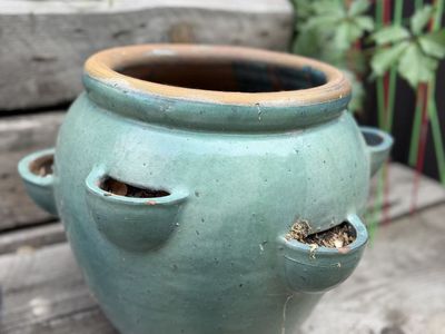 Ceramic Strawberry Planter Pot, Teal Green Glaze, Multi-Pocket Garden Container