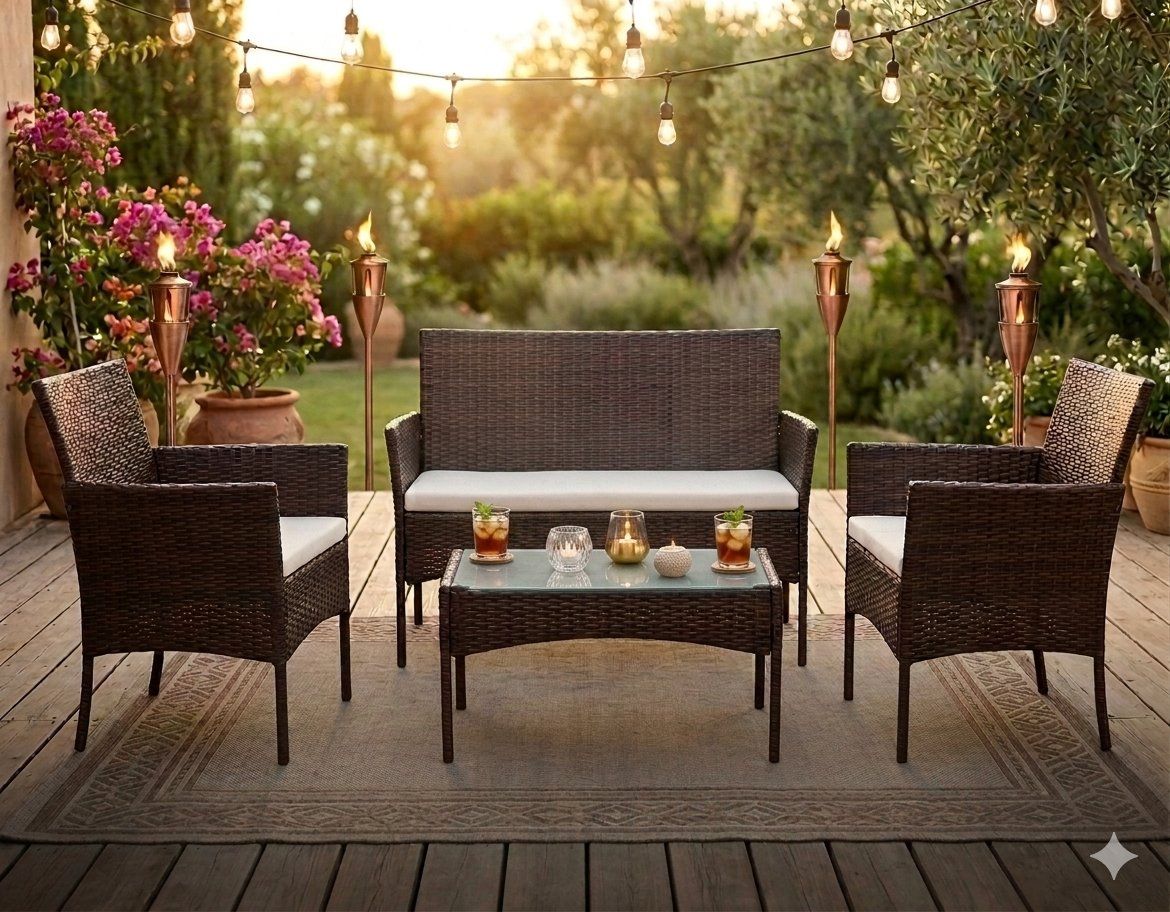 NEW 4-PIECES PATIO OUTDOOR FURNITURE SET COLOR BROWN RATTAN, CUSHIONS BEIGE