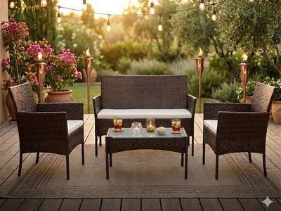 NEW 4-PIECES PATIO OUTDOOR FURNITURE SET COLOR BROWN RATTAN, CUSHIONS BEIGE