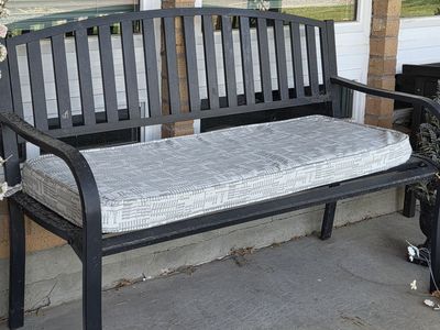 Outdoor Metal Garden Bench with Gray Patterned Cushion, Black Frame, Good Condition