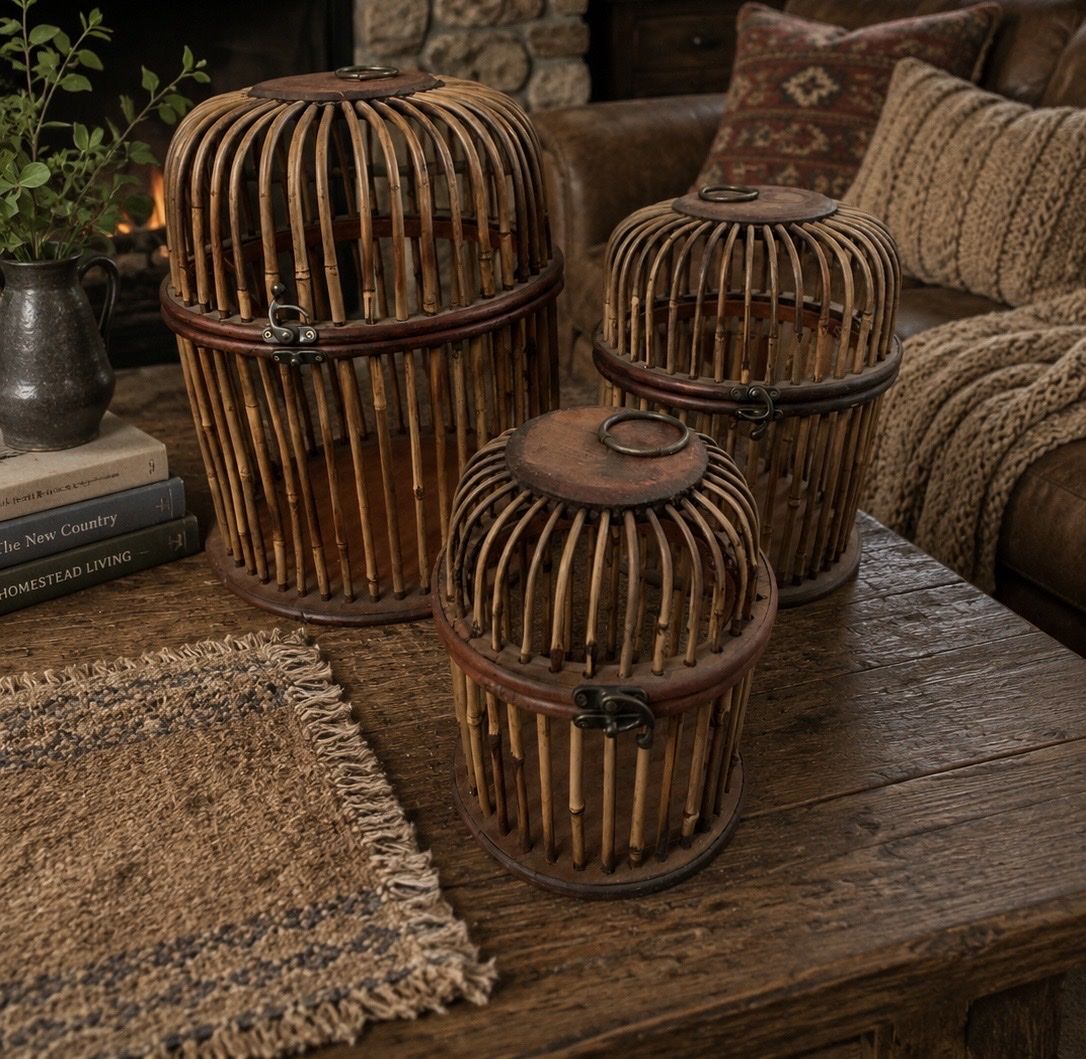 Set of 3 Vintage Rustic Bamboo & Wood Decorative Storage Baskets/Cages with Latch Closure