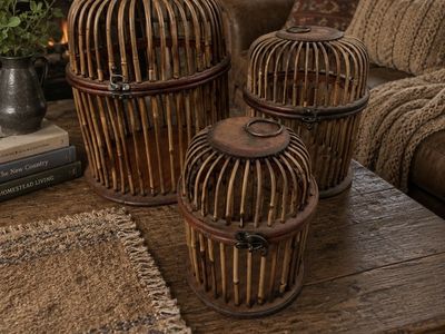 Set of 3 Vintage Rustic Bamboo & Wood Decorative Storage Baskets/Cages with Latch Closure