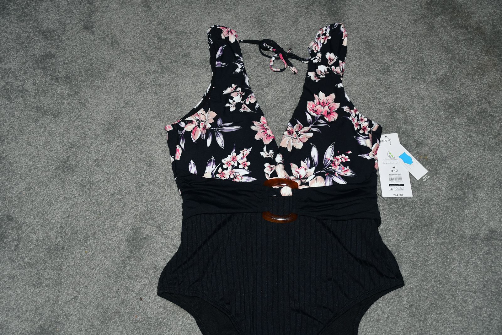 NWT "TIME & TRU" WOMEN'S SWIMSUIT ~ SIZE M (8-10) ~ PADDED ~ HIGH LEG ~ BLACK w/ FLOWER PRINT
