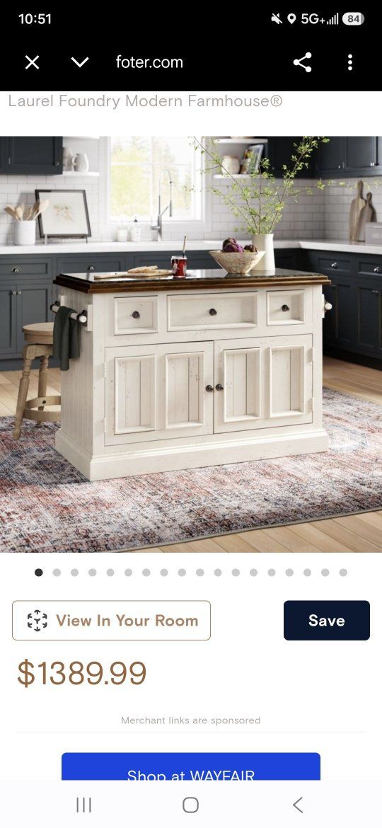 Laurel Foundry Modern Farmhouse Kitchen Island Black Granite Top Storage Rustic White