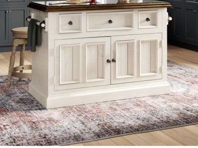 Laurel Foundry Modern Farmhouse Kitchen Island Black Granite Top Storage Rustic White