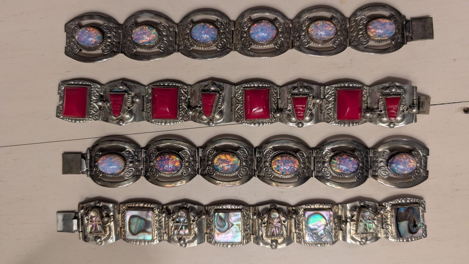 Vintage Mexican Sterling Silver Bracelet Lot - Taxco Faux Opal, Abalone, Red Stone - Hecho en Mexico