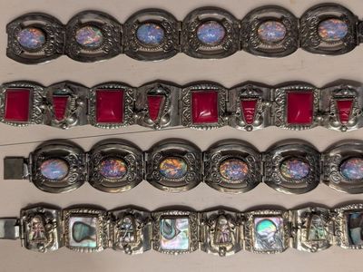 Vintage Mexican Sterling Silver Bracelet Lot - Taxco Faux Opal, Abalone, Red Stone - Hecho en Mexico
