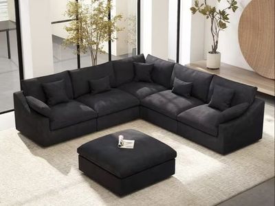 Modern Black Modular Sectional Sofa with Ottoman & Removable Covers