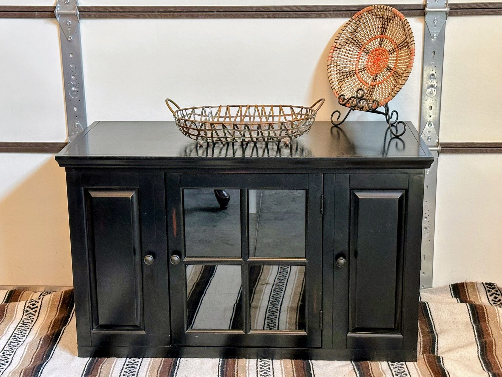 Black Wooden Media Console Credenza with Glass Cabinet Doors, & side shelving