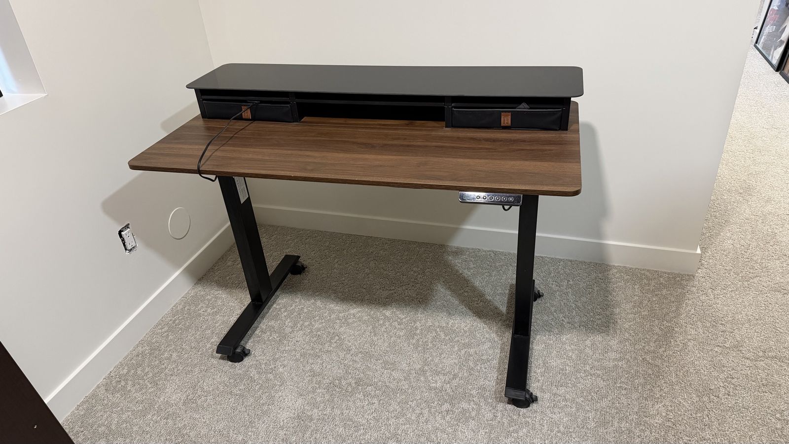 Electric Height Adjustable Standing Desk - 30-47" Range, Walnut Top with Monitor Riser & Storage