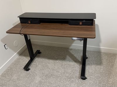 Electric Height Adjustable Standing Desk - 30-47" Range, Walnut Top with Monitor Riser & Storage