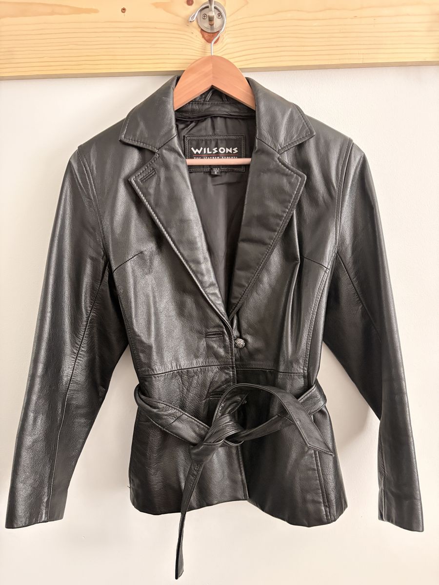 Wilsons Black Leather Jacket Blazer Belted Size Small