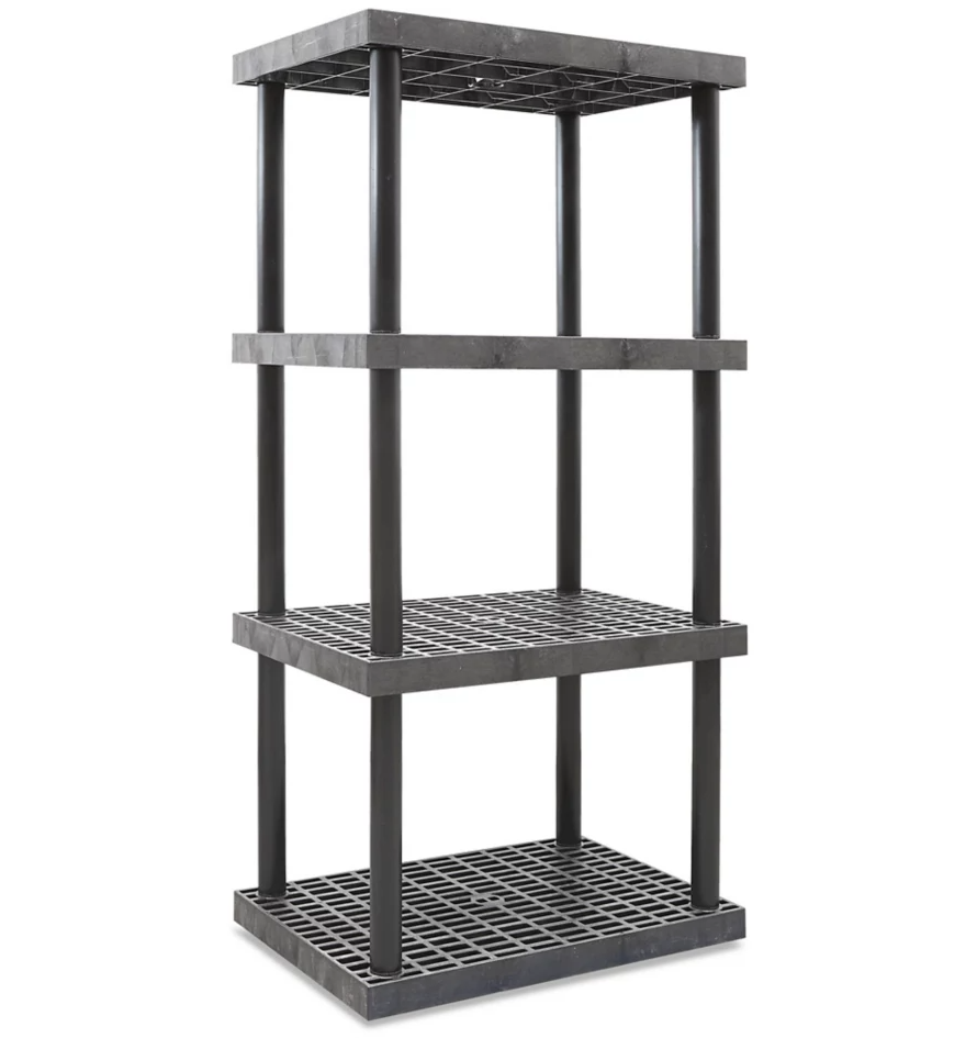 black plastic shelves