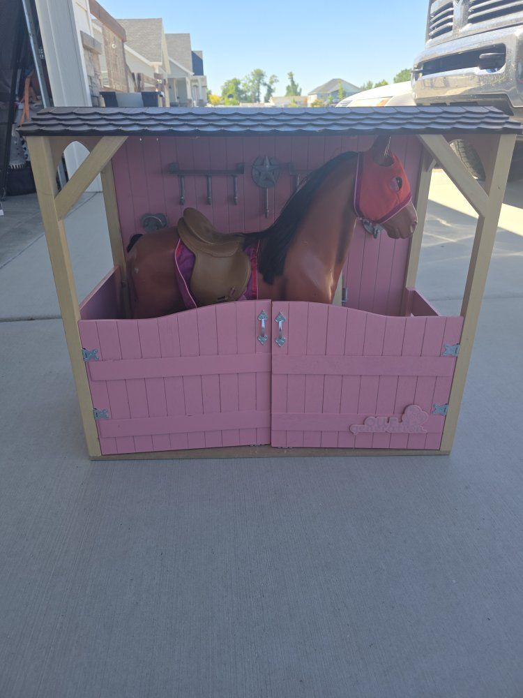 Our Generation Saddle Up Stables & Morgan Horse Doll Playset - Pink Wood Toy Barn