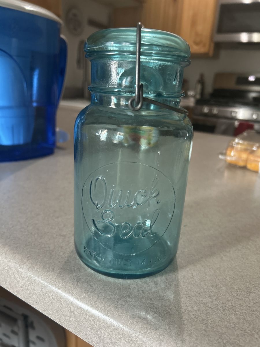 Vintage Aqua Blue Quick Seal Ball Glass Canning Jar with Wire Bail and Glass Lid