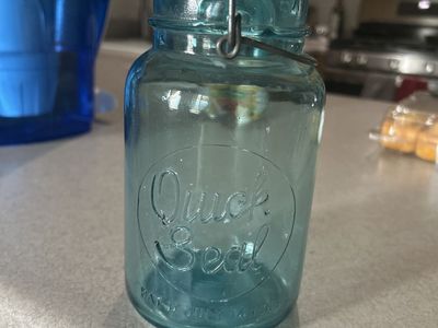 Vintage Aqua Blue Quick Seal Ball Glass Canning Jar with Wire Bail and Glass Lid