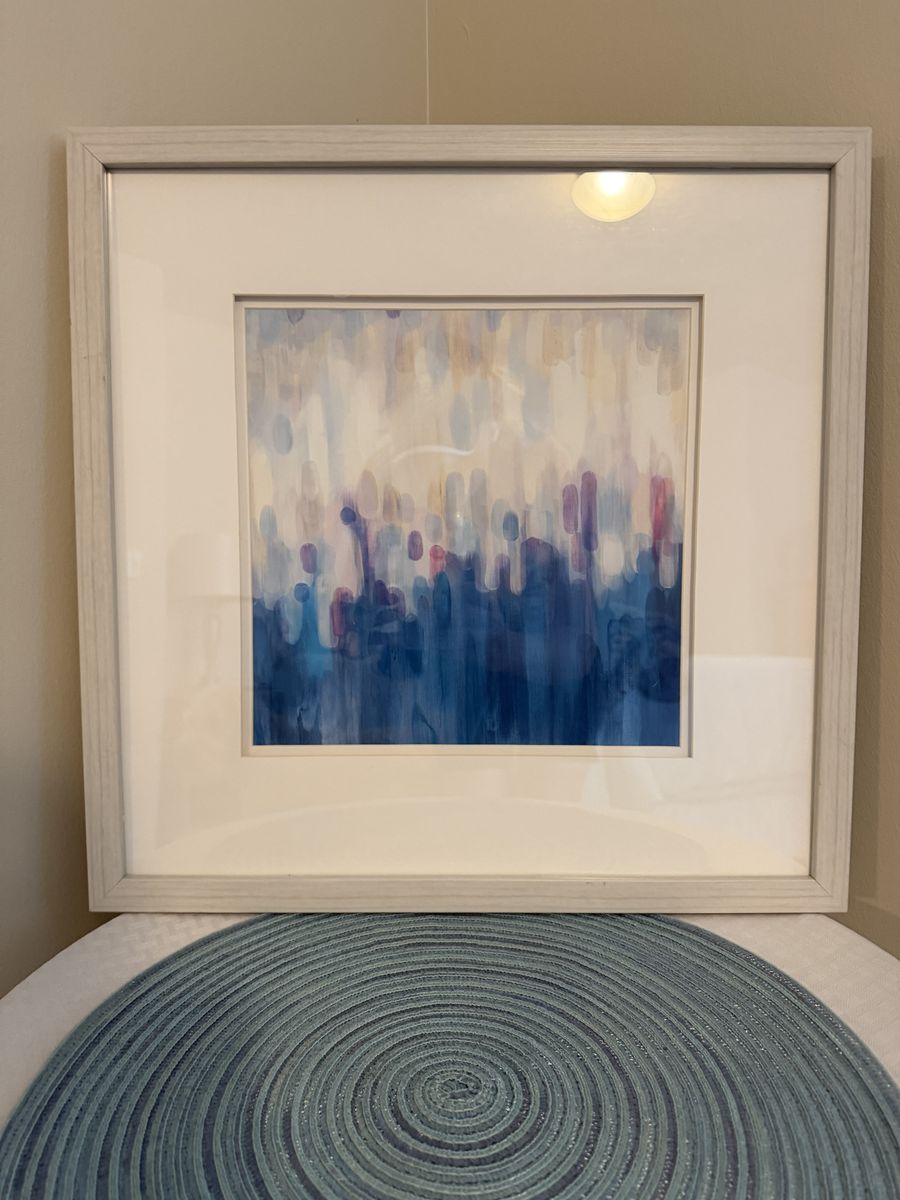 Abstract Blue & White Framed Wall Art with Light Wood Frame