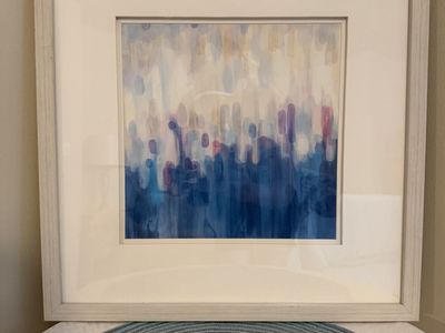 Abstract Blue & White Framed Wall Art with Light Wood Frame
