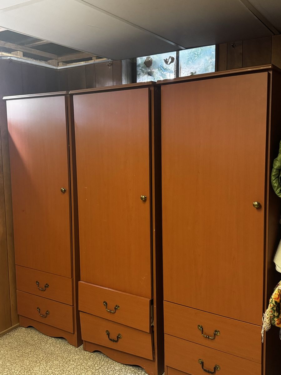 Set of 3 Wood Wardrobe Armoires with Hanging Rod & Drawers - Excellent Condition