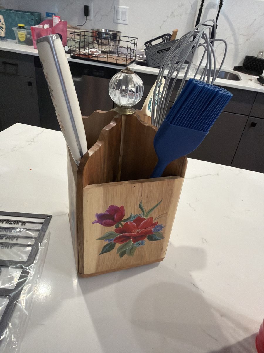 Vintage Wooden Kitchen Utensil Holder with Hand-Painted Floral Design