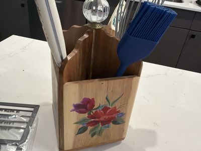 Vintage Wooden Kitchen Utensil Holder with Hand-Painted Floral Design