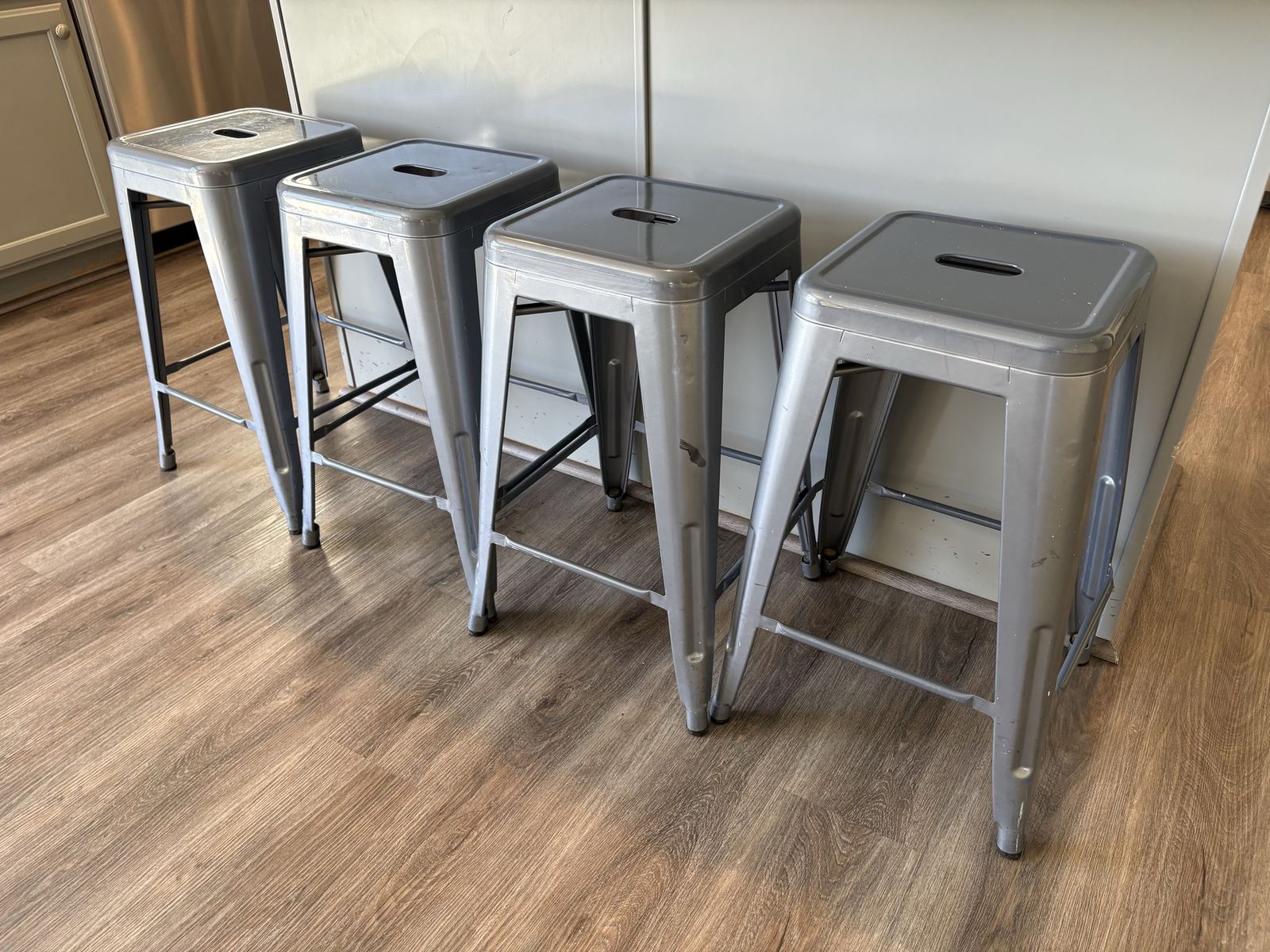 Set of 4 Grey Metal Bar Stools - 26" Tall Backless Counter Height Stools