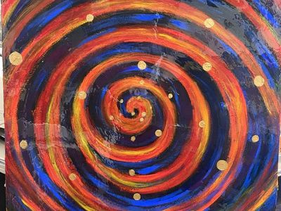 Hand-painted Abstract Swirl Canvas Art - Red, Blue, Yellow, Gold Accents, Gloss Finish
