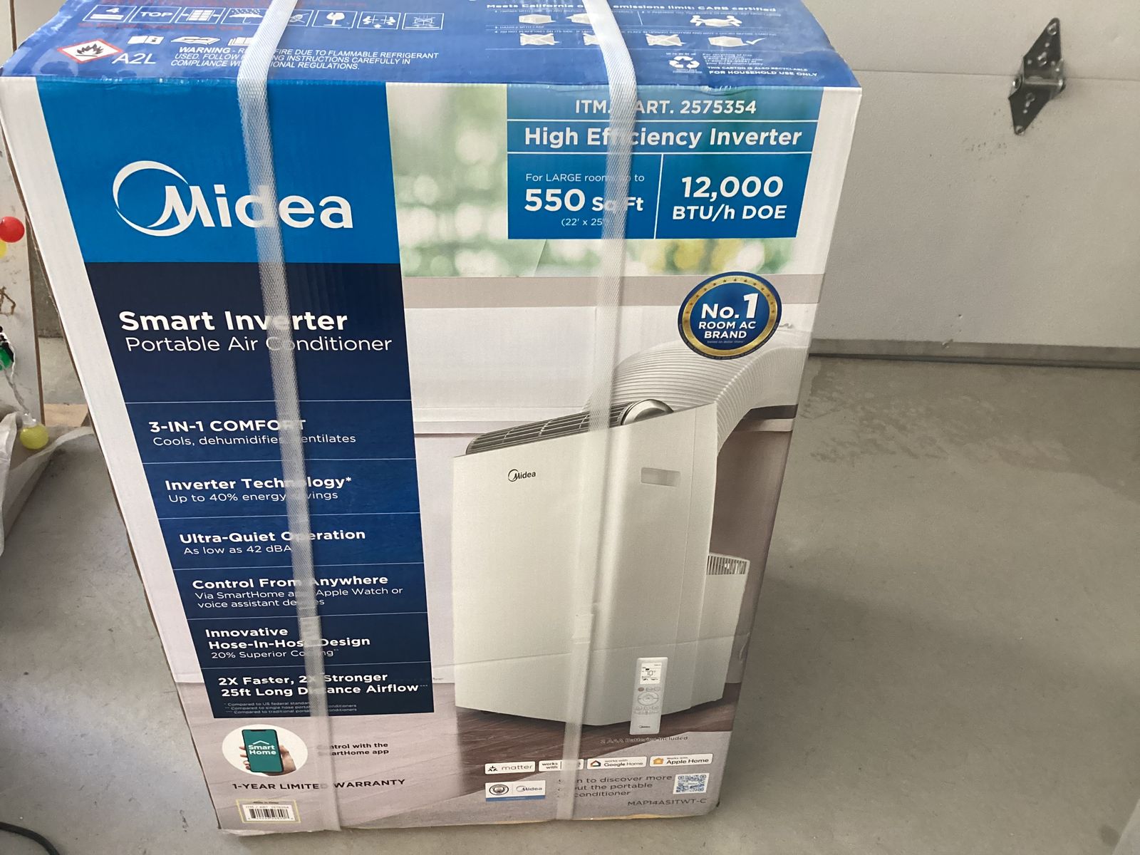 New - still in box. Midea 12,000 BTU Smart Inverter Portable Air Conditioner. Cools 550 sq ft..