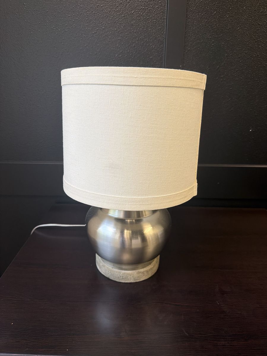 Modern Brushed Nickel and Concrete Small Table Lamp with Fabric Drum Shade