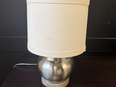 Modern Brushed Nickel and Concrete Small Table Lamp with Fabric Drum Shade