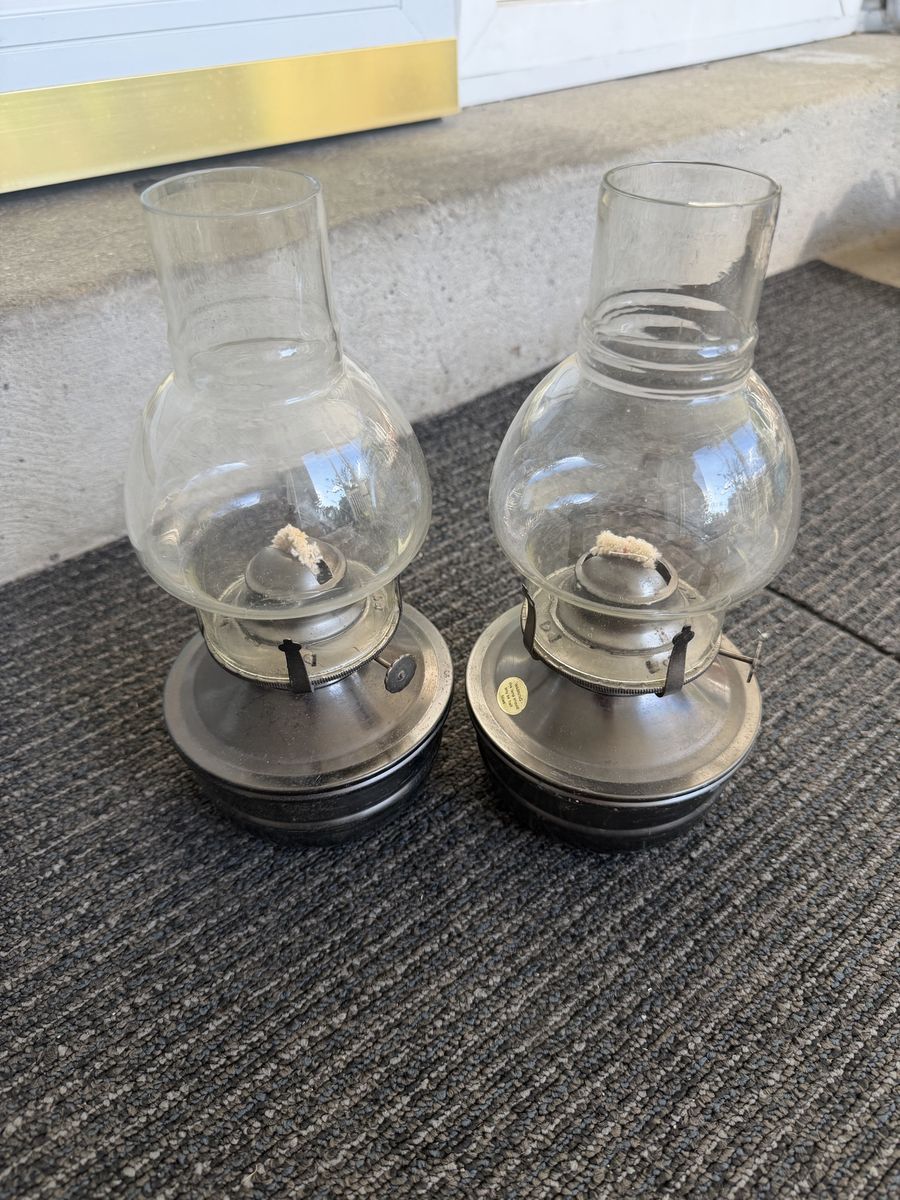 Set of 2 Vintage Glass and Metal Oil Lamps with Wicks