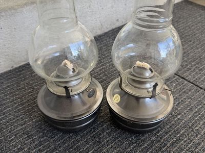 Set of 2 Vintage Glass and Metal Oil Lamps with Wicks