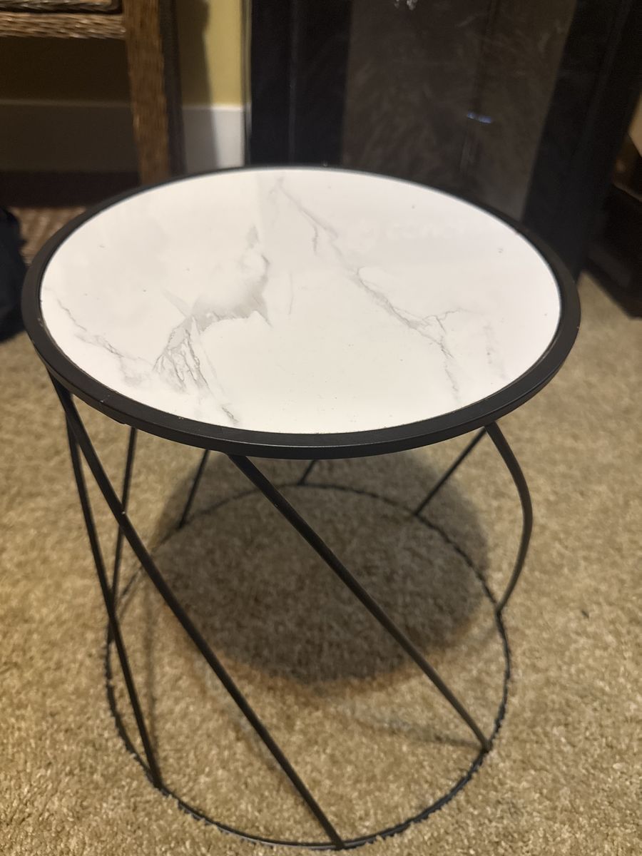 White Marble look (ceramic) & Black Metal Round End Table - Modern Accent Side Table