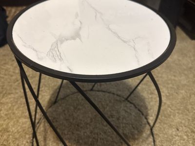 White Marble look (ceramic) & Black Metal Round End Table - Modern Accent Side Table