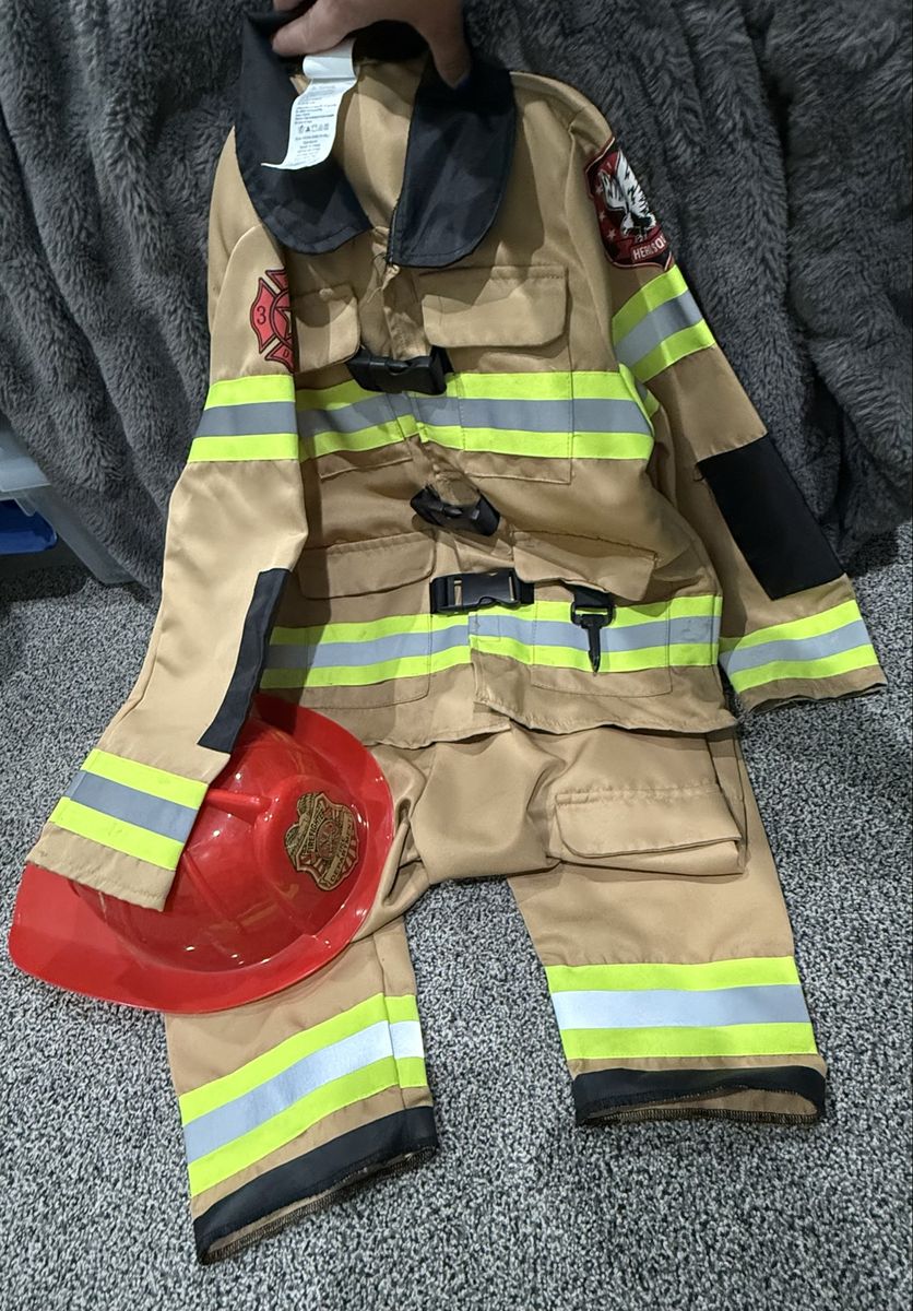 Kids Firefighter Costume - Tan Jacket & Pants Set with Red Helmet size 4-6