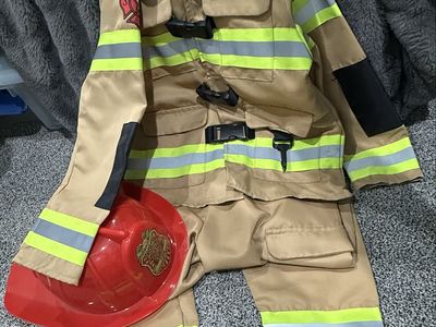 Kids Firefighter Costume - Tan Jacket & Pants Set with Red Helmet size 4-6