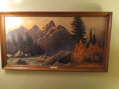 Large Framed Mountain Landscape Painting Print with Wooden Frame
