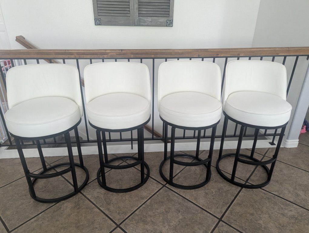 White Faux Leather Swivel Bar Stools with Black Metal Base - Set of 4