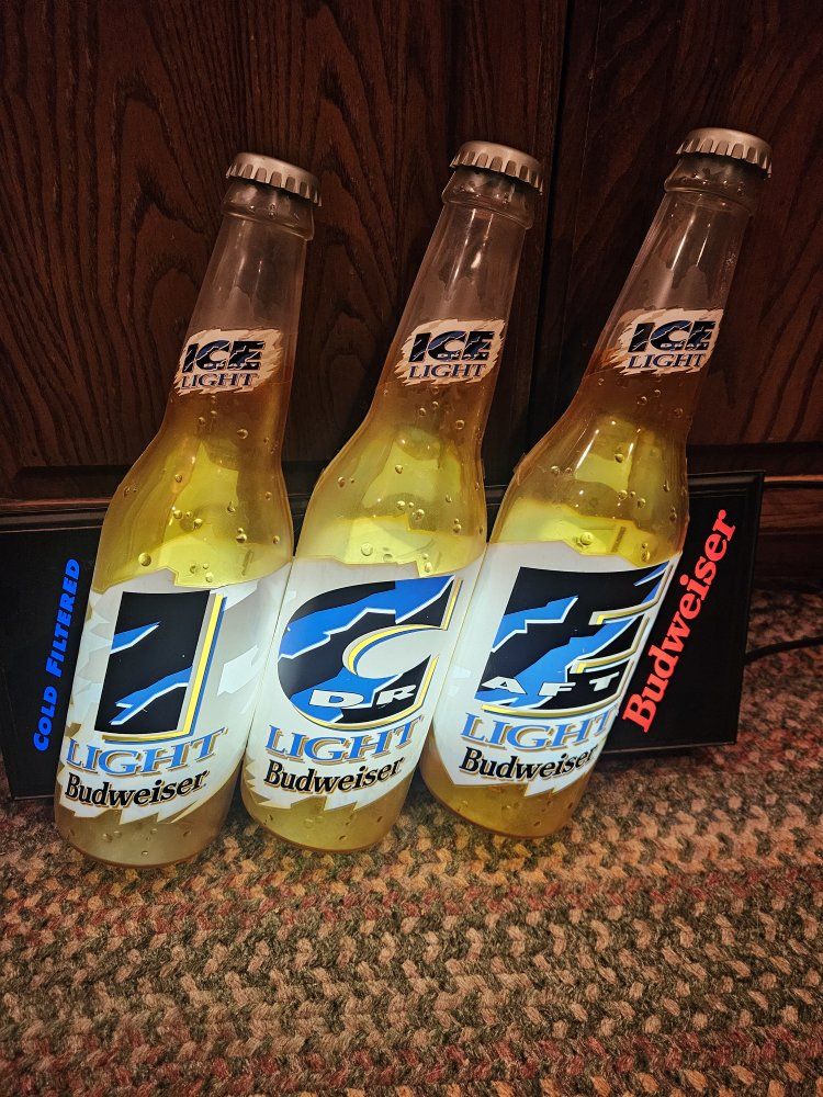 Budweiser Ice Draft Light Beer Bottle Bar Sign Man Cave Decor - 3 Bottle Display