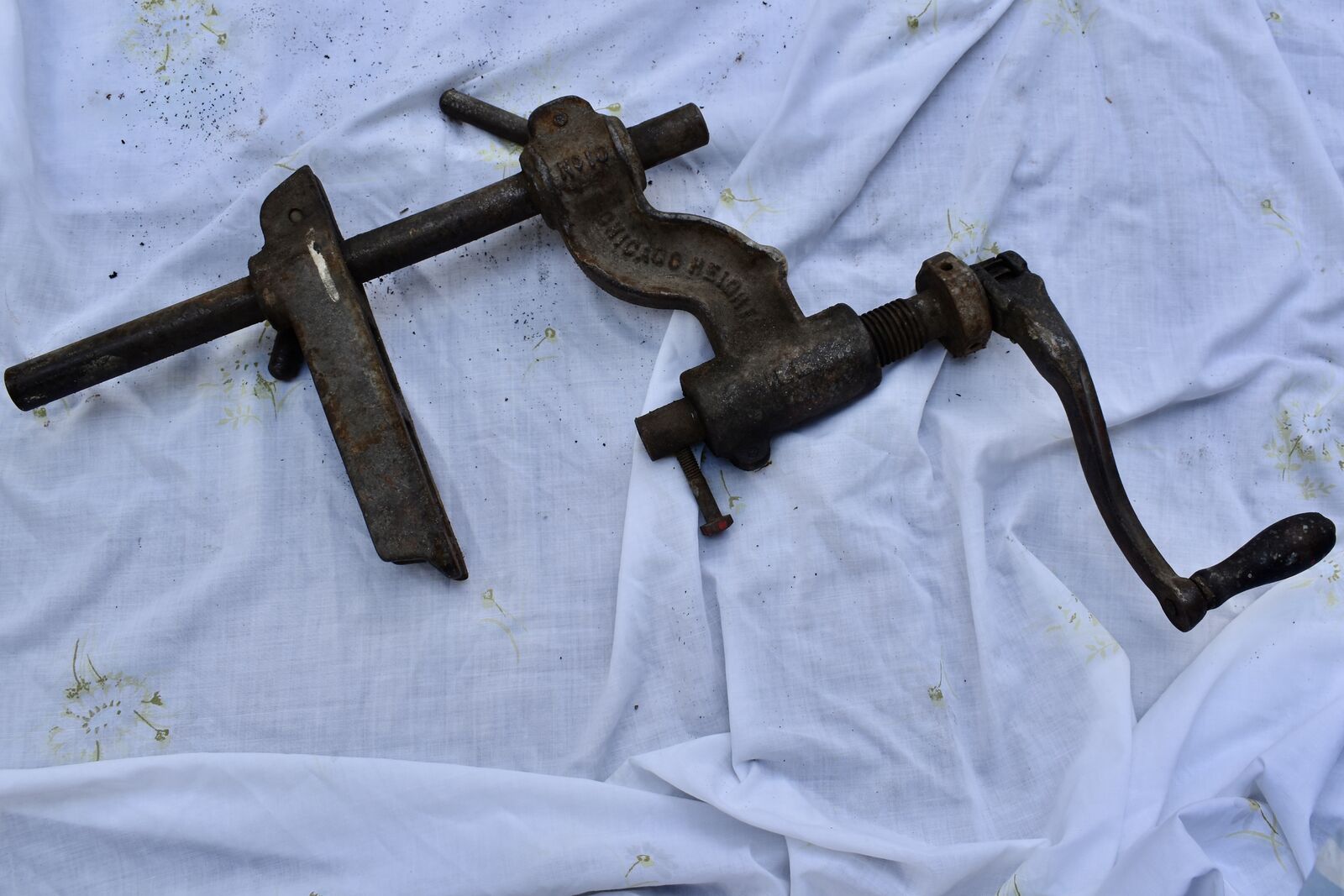 Old Heavy Rustic Really Large Antique Cast Iron Clamp - Well Used - Made in Chicago