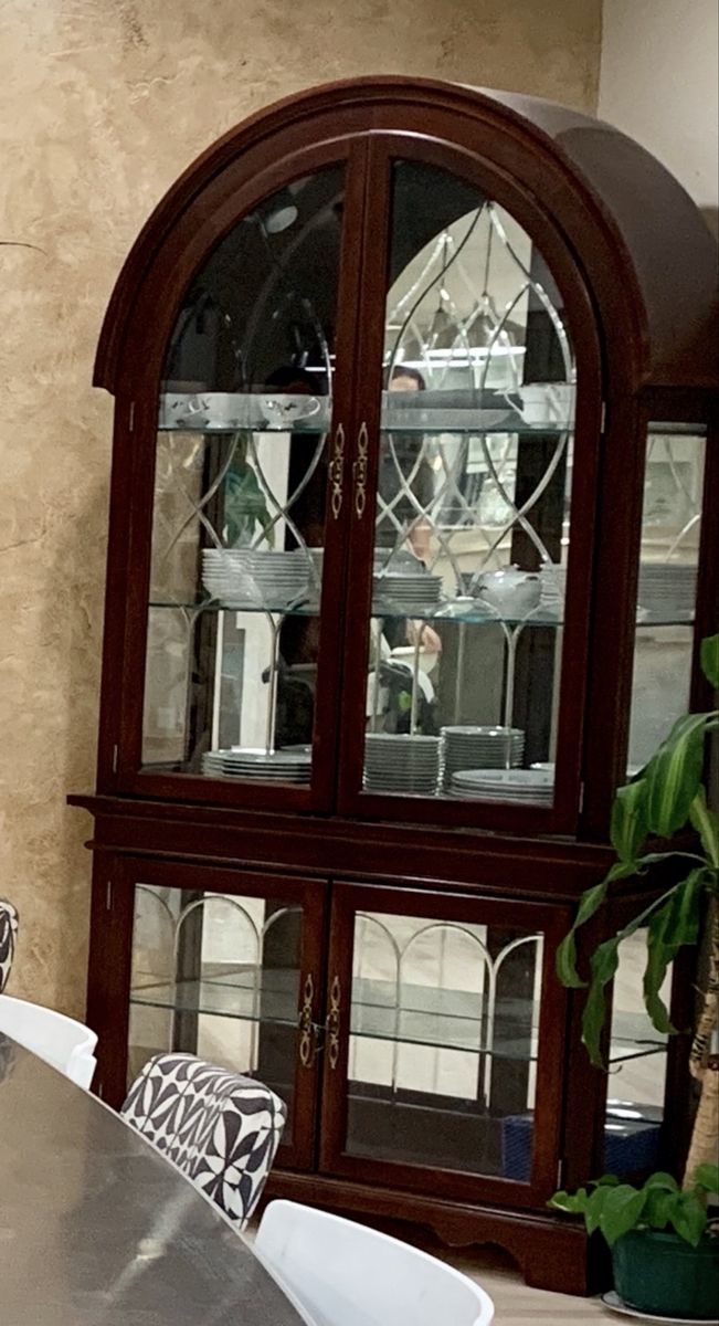 Elegant Arched Top Curio Cabinet China Display Cabinet with Glass Doors & Shelves